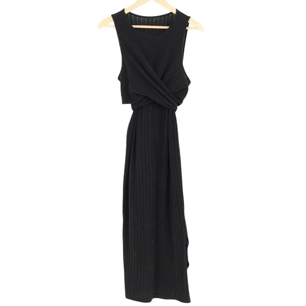 Black Ribbed Knit Maxi Dress Sleeveless Wrap Front Tie Waist - Image 2