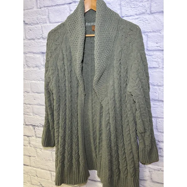 POL Open Cardigan L Duster Sweater Fisherman Chunky Knit Comfy green - Image 9