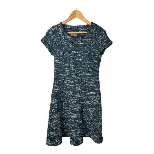 Talbots Tweed Fit & Flare Dress 6 Teal Blue‎ Faux Leather Trim Short Sleeve - Image 3
