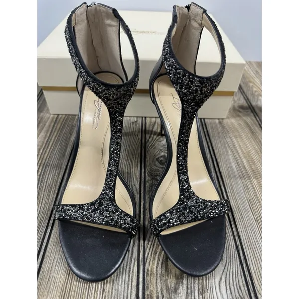 Imagine Vince Camuto BLACK Glitter T-Strap Stiletto Sandal Heels SHOES SZ 8 - Image 5