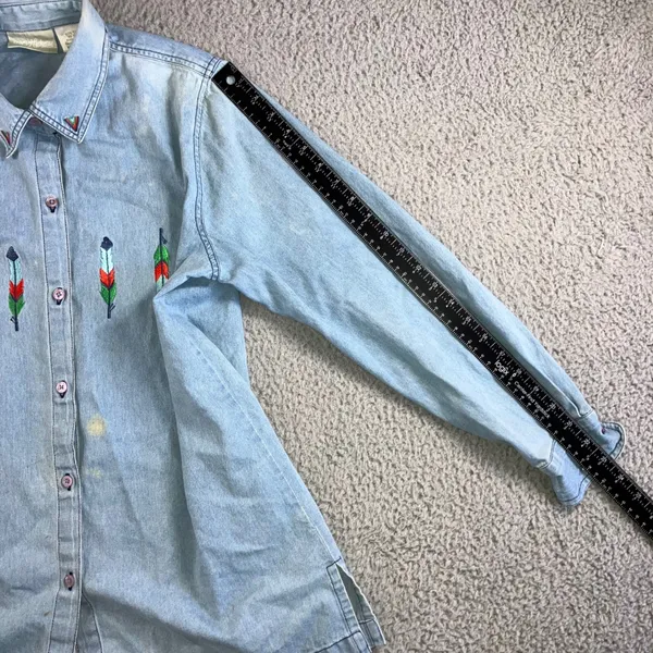 220 Hickory‎ Denim Button Up Shirt Women M Embroidered Feather Western Chore Vtg - Image 6