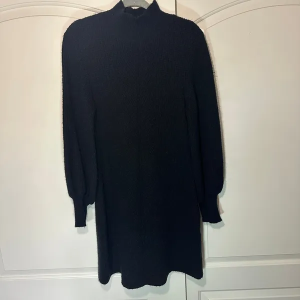 A loves A Sweater Mini Dress Balloon Sleeve‎ Mock Neck Black Knit Womens Medium - Image 2