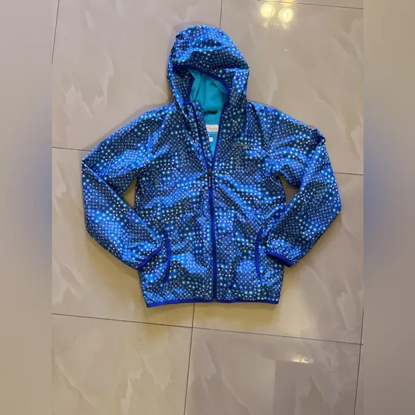Columbia sportswear Rain Jacket Blue Stars Dots Flowers Hooded Lightweight - Image 3