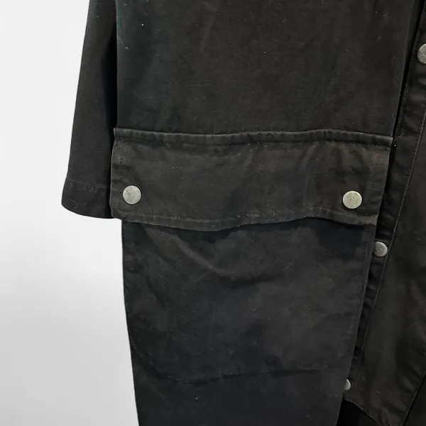 Vintage 90s Black Cotton Maxi Barn Jacket Leather Collar Oversized Small - Image 8