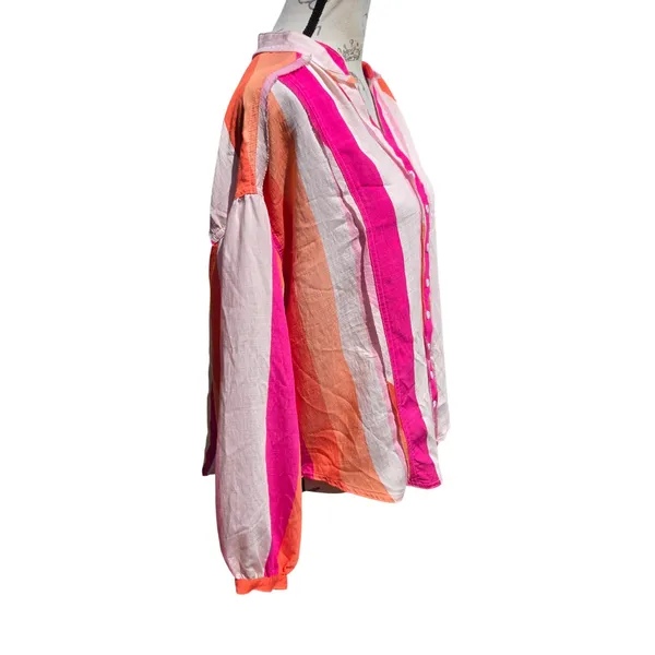 Fate Womens Pink Orange Striped Button Down Balloon Sleeve Blouse FT23201 Small - Image 3