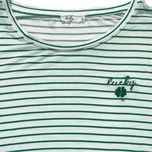 Kelly Green & White Striped Lucky Embroidered Tee Women’s Size Medium - Image 2