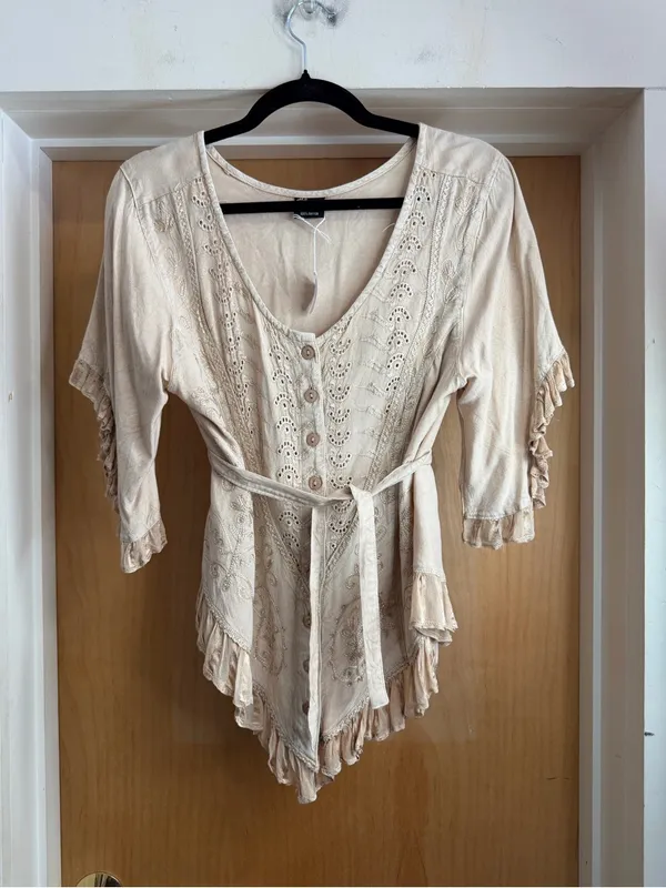 My Choice Women’s Boho Embroidered Tie Waist Ruffle Top-100% Rayon. Size: Large - Image 5