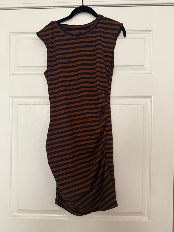 Striped Ruched Sleeveless Dress in Brown and Black - Image 2