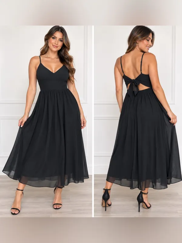Boohoo Night Black Chiffon Open Back Tie Maxi Dress Size US 6 - Image 2