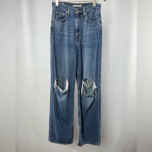 Levi's High Loose‎ Denim Distressed Wide Leg Jeans in Medium Wash Size 25 - Image 4