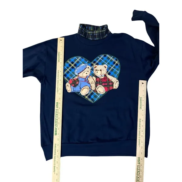 Vintage Basic Editions Turtleneck Sweatshirt Womens M Teddy Bear Plaid USA - Image 11