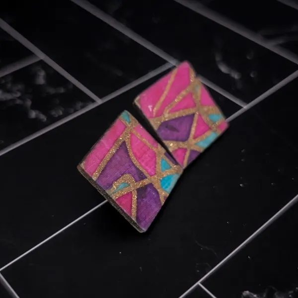 Vintage Stud Earrings Pink/Purple/Teal Geometric Artist Statement - Image 3