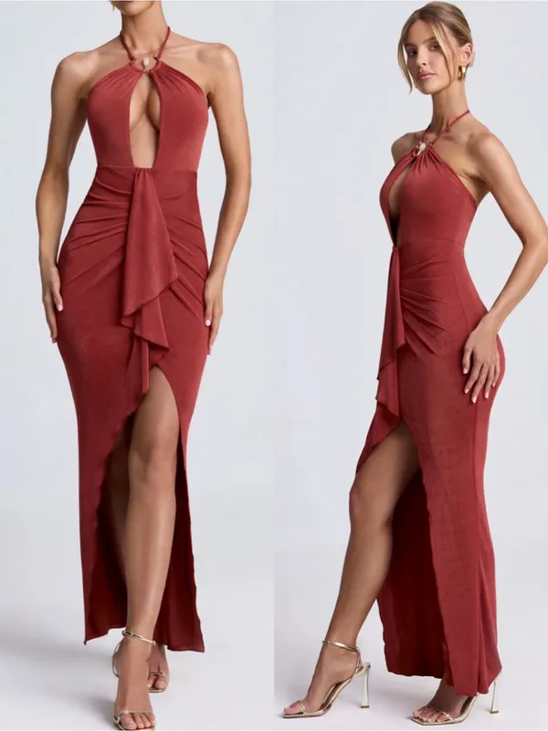 Oh Polly Margot Hardware Detail Cut-Out Halterneck Maxi Dress Auburn Brown - Image 4
