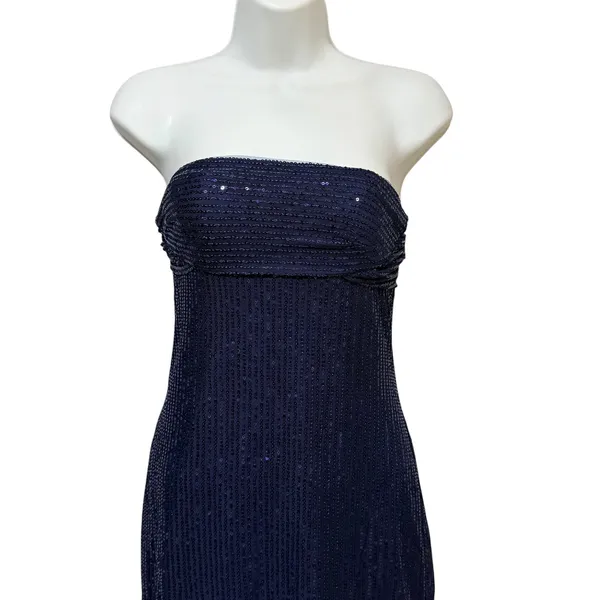 Navy Blue Sequin Strapless Mini Dress with Back Bow Detail Size 6 Cocktail Party - Image 3