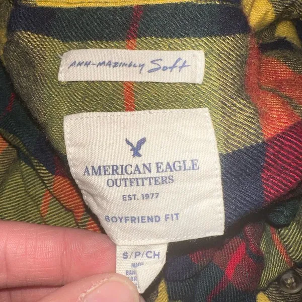 American Eagle plaid flannel S boyfriend button down shirt - Image 3