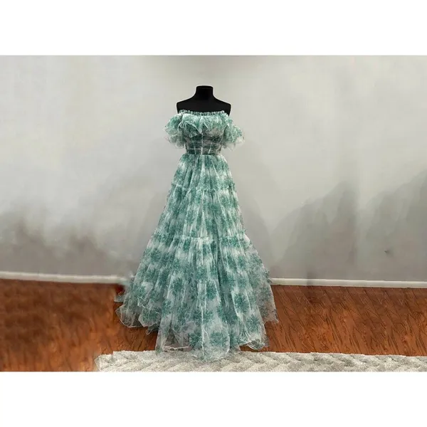 Sherri Hill 56128 Green Print Ruffle Off the Shoulder Gown Sz 6 NWOT - Image 2