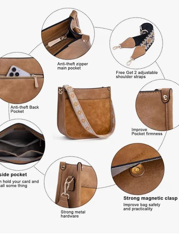 HKCLUF Women's Brown Vegan Leather Crossbody Bag with Decorative Strap - Image 7