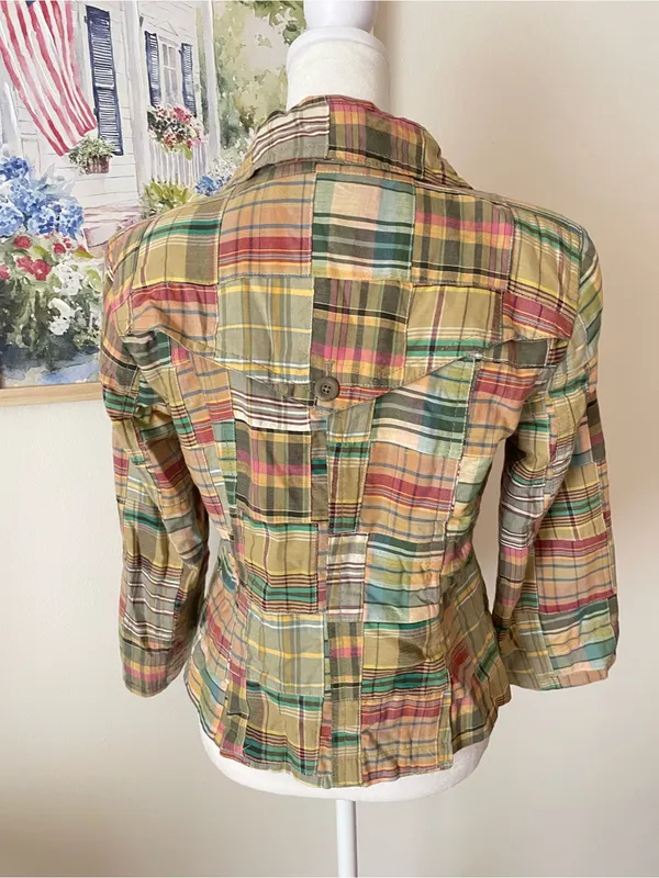 Ann Taylor Loft Vintage Y2K Madras Cotton Patchwork Plaid Blazer Jacket Size 2 - Image 3
