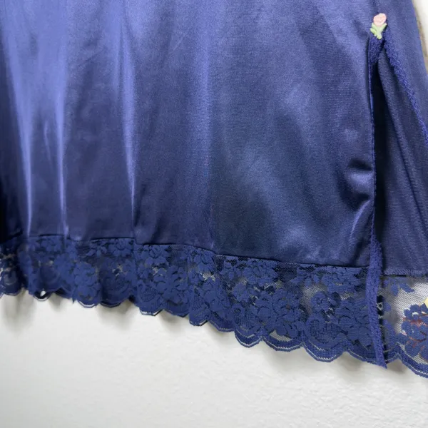 VTG 80s JCPenney Women Fairy Coquette Midi Skirt M Navy Blue Lace Side Slit Rose - Image 3