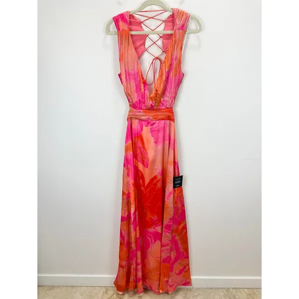 Lulus Dedra Pink and Orange Abstract Pleated Maxi Dress Formal Satin Large NWT - Image 5