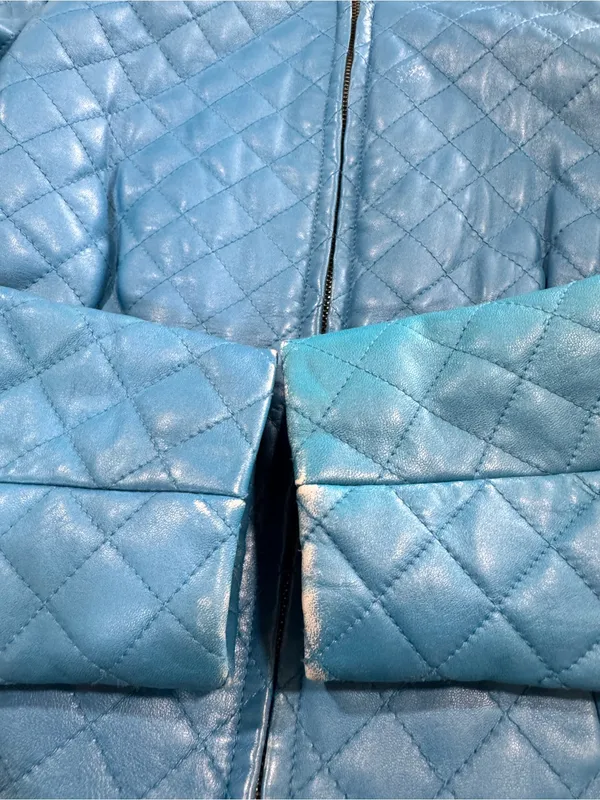 VTG Newport News Quilted Leather Jacket Size 6 Blue Collarless Zip Front - Image 13