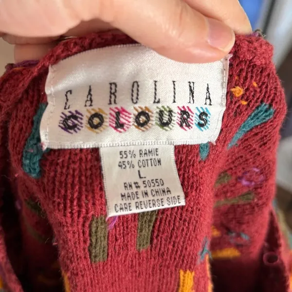 Vintage Burgundy Orange Teal Purple Embroidered Polka Dot Dangle Sweater - Image 5