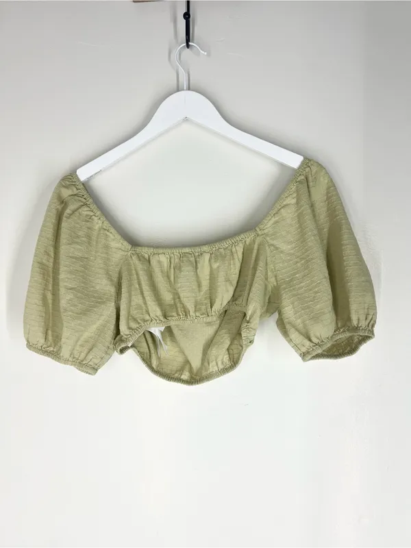Madewell Olive Green Puff Sleeve Crop Top with Tassel Tie - Image 5