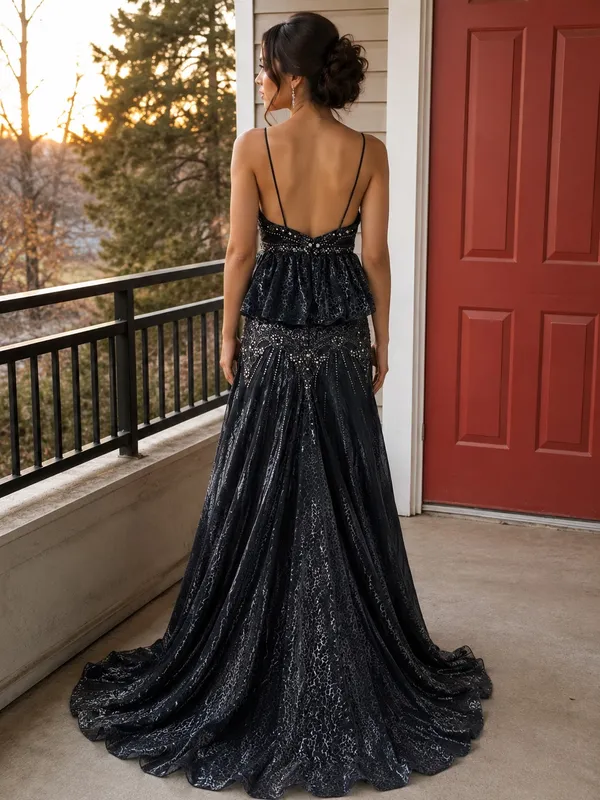 Elegant Black Beaded Peplum Evening Gown - Image 3