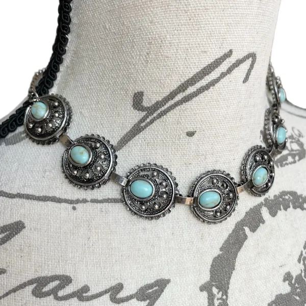 Retro Silver Tone and Faux Turquoise Choker Necklace Concho - Image 2