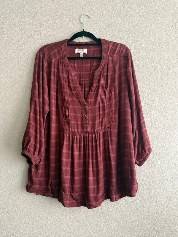 Wrangler Womens XXL Burgundy Plaid Pintuck Tunic Blouse Western Boho Cowgirl - Image 5