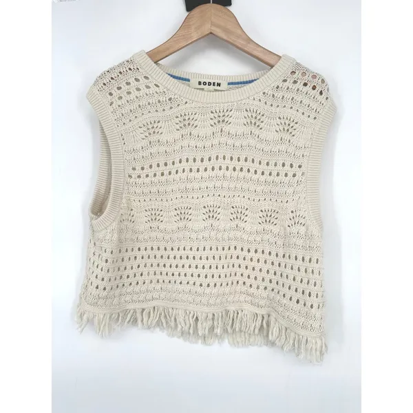 Boden Crochet Sweater Crop Womens L Ivory Fringe Festival Boho Coastal Western - Image 2