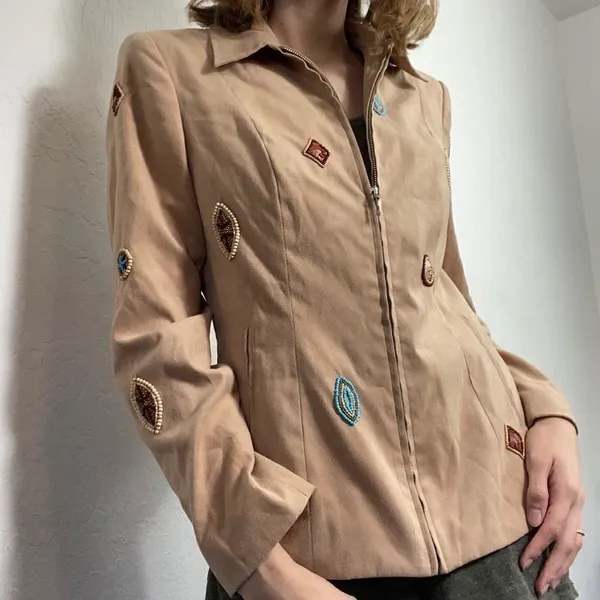 Vintage Tan Suede Beaded Western Zip Up Jacket Tan Size 6 - Image 4