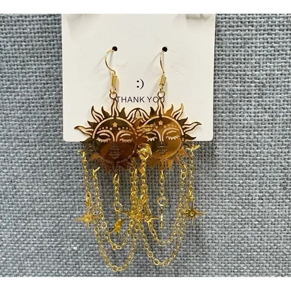 Gold Sun Face Dangle Earrings Celestial‎ Star Chain Drop Boho Jewelry new - Image 5