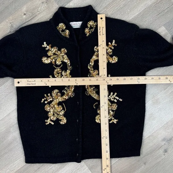 Vintage Karen Scott Sequin Fuzzy Angora Wool Cardigan Sweater Black‎ Gold Medium - Image 10