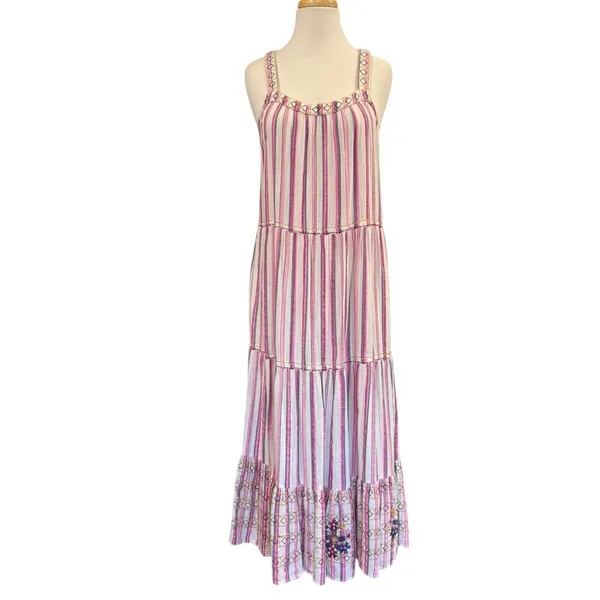 Sundance Veria Midi Tiered Pockets Striped Embroidered Sleeveless Boho Medium - Image 2