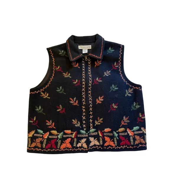 Vintage Chrysantheme Vest Womens Size M Wool Cotton Black Autumn Folk Art Zip Up - Image 2