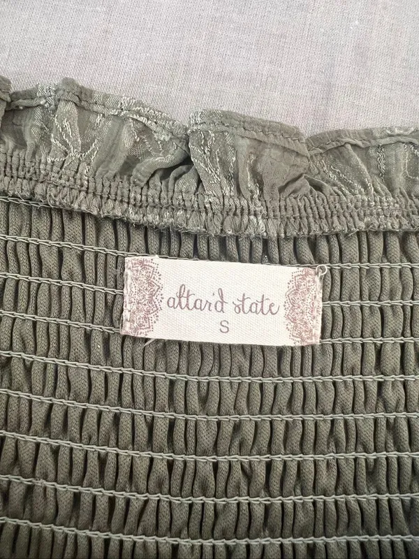 Altar’d State Olive Green Smocked Jacquard Puff Sleeve Layered Mini Dress Small - Image 7
