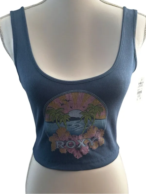 Roxy Blue Ribbed Scoop Crop Tank with Tropical Graphic - Image 3
