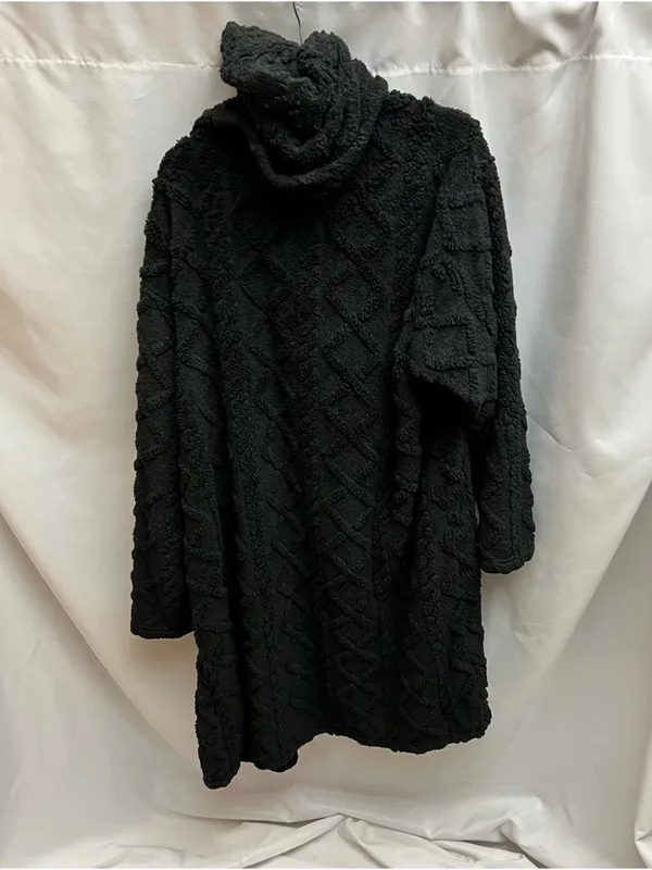 Women’s Sherpa Fleece Jacket Black Cream Hooded Cozy Button Front Large - Image 2