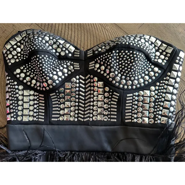Bebe XS Black Studded Bustier Feather Mini Dress Strapless Glam - Image 4