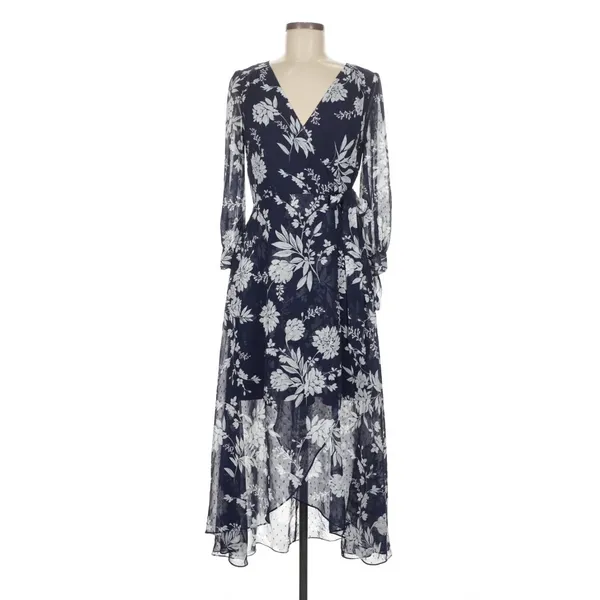 Eliza J Navy Blue Floral High Low Faux Wrap Dress 6 Cottage Fairy Wedding Guest - Image 2