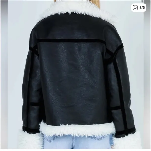 Lioness Black Faux Leather Jacket with White Shearling Trim - Image 4