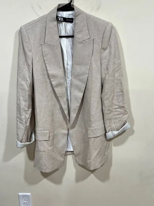 Zara Linen blend Open Front Blazer Jacket Lined Career Women's size S Beige - Image 2