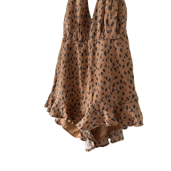Trixxi Leopard Halter Romper Dress Brown Black Ruffle Mini Women’s Small S - Image 4