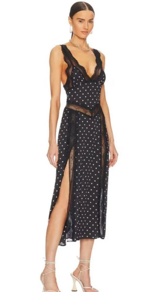INTIMATELY FREE PEOPLE Bad For You Slip Dress ~ Black Polka Dot Print Lace L NWT - Image 3