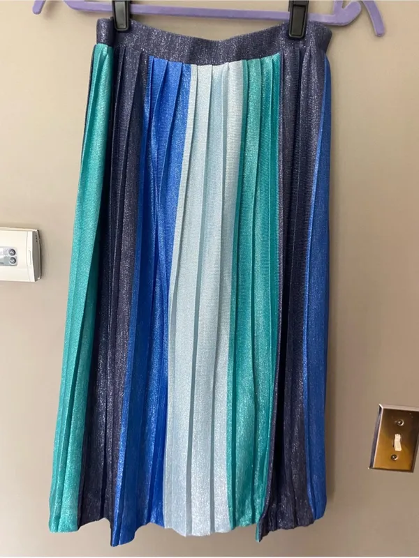 Maeve Anthropologie Sunburst Metallic Blue Pleated Midi Skirt Paneled Patchwork - Image 5