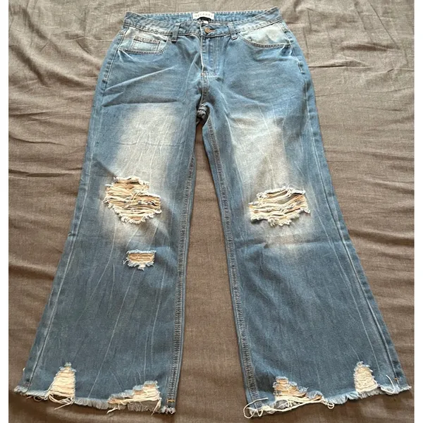 Melarey Blue Distressed Wide Leg Jeans Light Wash Frayed Hem Size L - Image 2