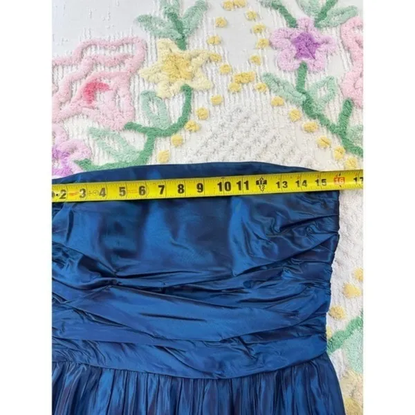 Vtg Handmade Dolly Woodruff Blue Iridescent Strapless Ruched Cocktail‎ Dress - Image 5