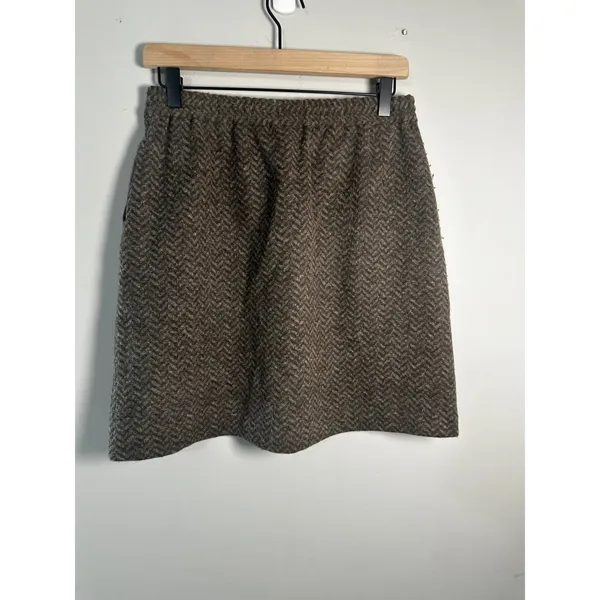 J.Crew Brown Herringbone‎ Wool Blend Mini Skirt Leather Trim Pockets Size 4 - Image 3