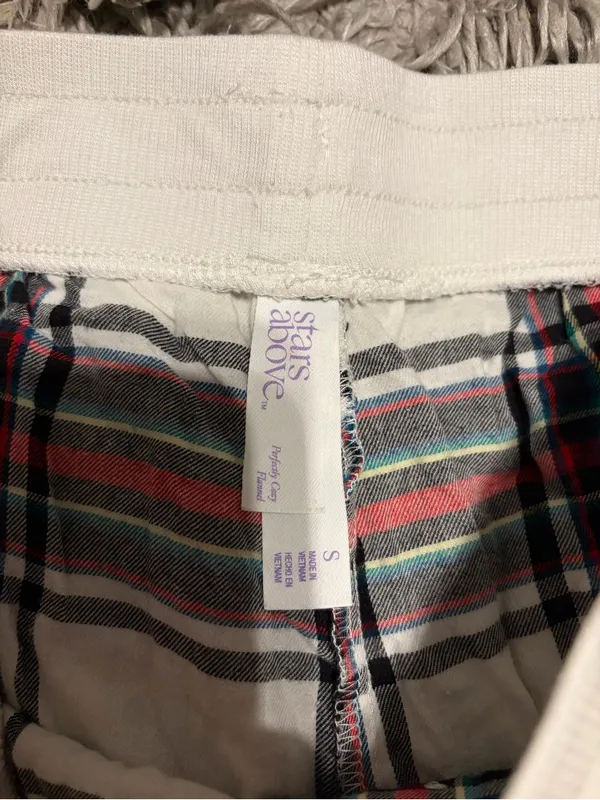 stars above White Plaid Jogger Pants with Red & Green Stripes - Image 2